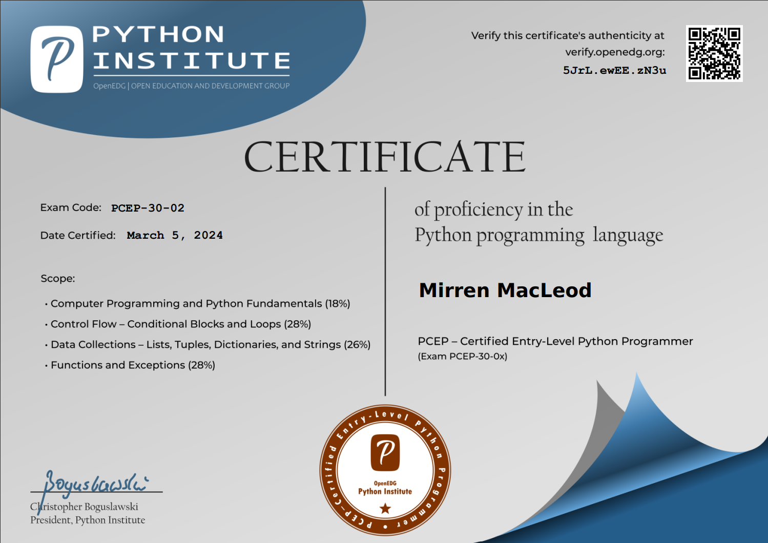 Certificate of Certified Entery Level Programmer PCEP